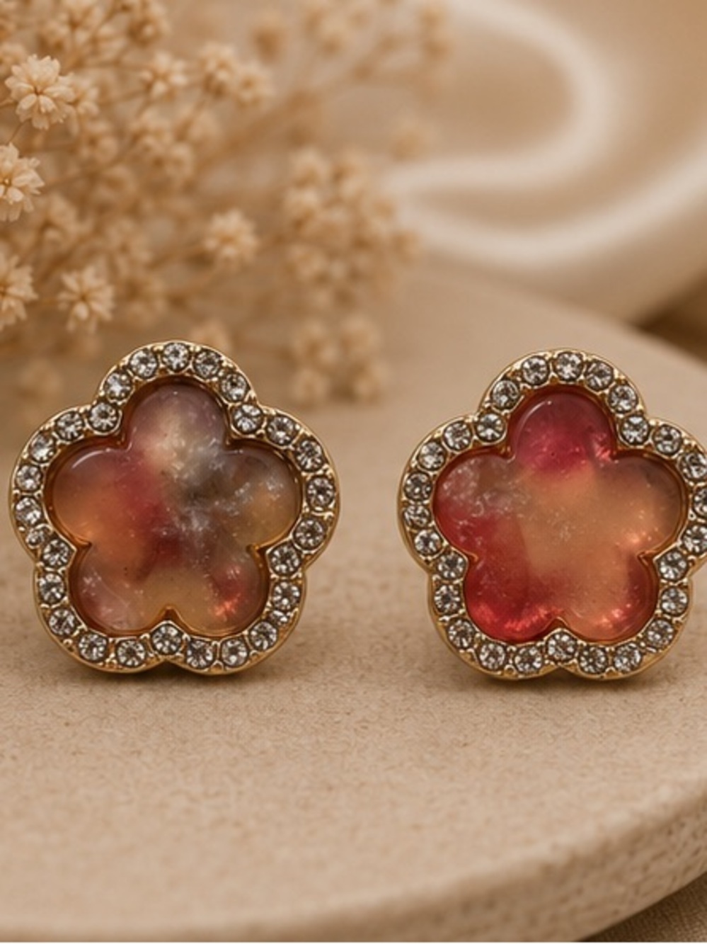 Designer-Inspired Brown Crystal Halo Clover Stud Earrings
